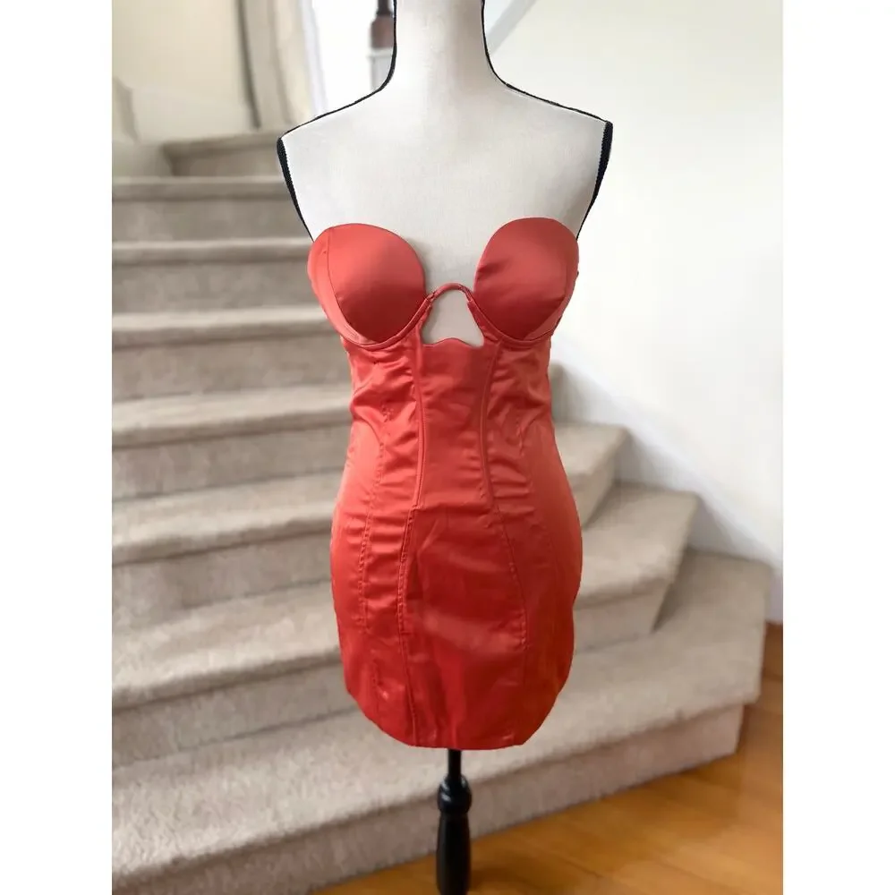 coral club dress Olsen | Coral Satin Plunge-Neck Cape Mini Dress
